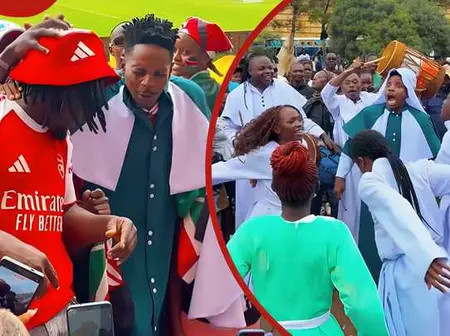 Eric Omondi goes spiritual in Legio Maria attire as Kenya beats Zambia at Kasarani Stadium