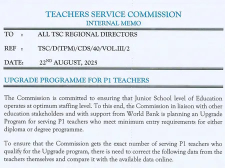 TSC circular: Roll out of upgrade for P1 teachers with degree & diploma