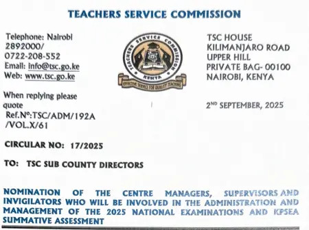 TSC circular: Nomination of 2025 KNEC invigilators and supervisors