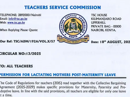 TSC Circular: 2 hour daily permission for lactating mother teachers
