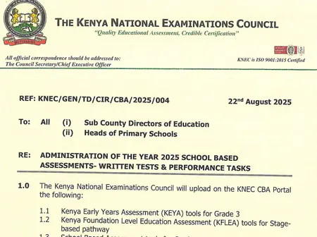 Knec circular: administration of 2025 SBA written tests Grade 3,4,5,7,8
