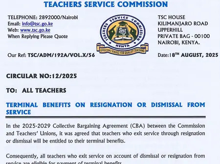 TSC circular to all teachers: Terminal benefits on resignation or dismissal