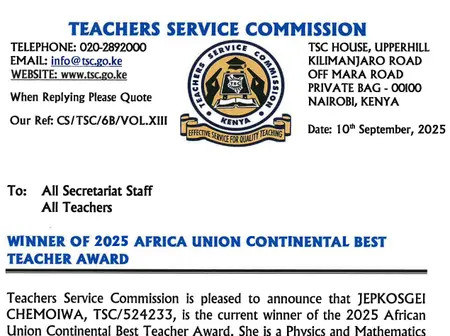 TSC Circular: Winner of 2025 Africa Union Continental Teacher Award