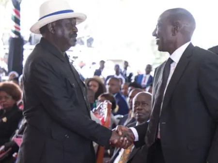 Raila Offers Ruto a Handshake at Mukami Kimathi’s Burial